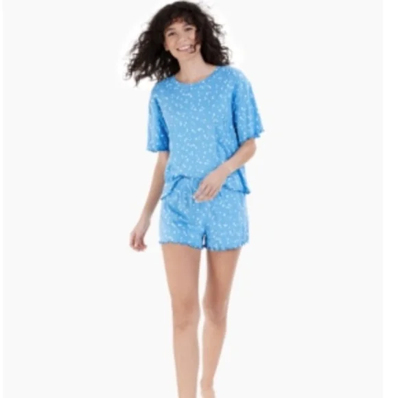 NWT JENNI Sets Blue Drawstring Printed Short Sleeve Crew Neck T-Shirt Shorts Eve - Picture 1 of 1